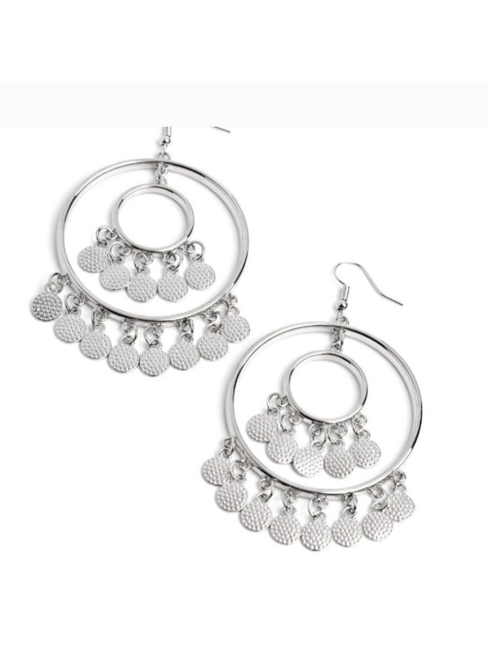 Silver Color Double Layer Hoop Earrings with Hammered Texture Tassels (#E16)